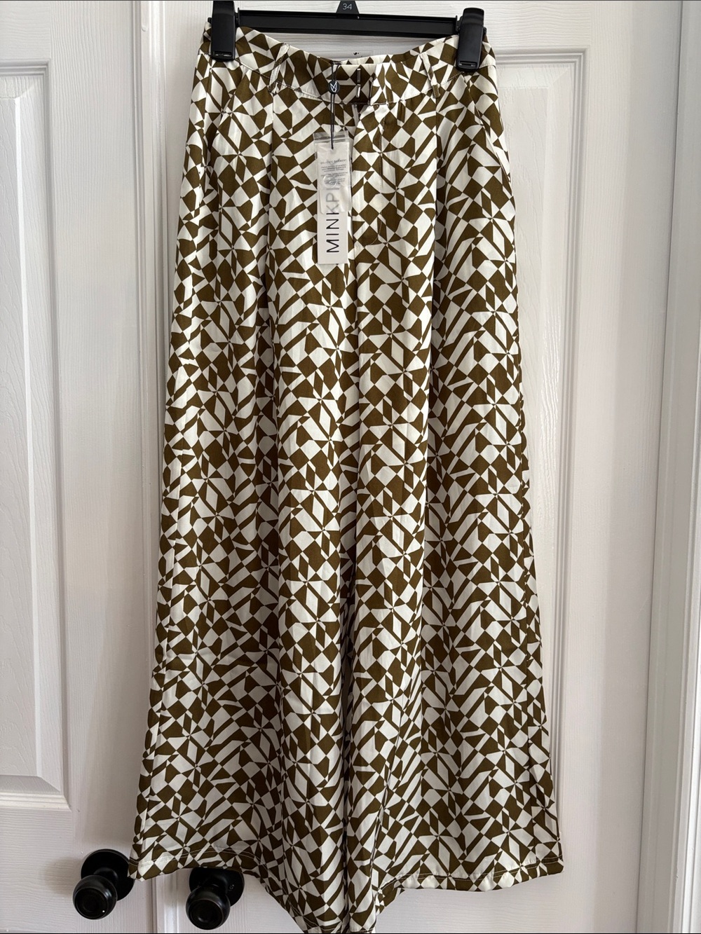 MINKPINK designer Geometric wide leg flowy palazzo pants Olive Green/white NWT